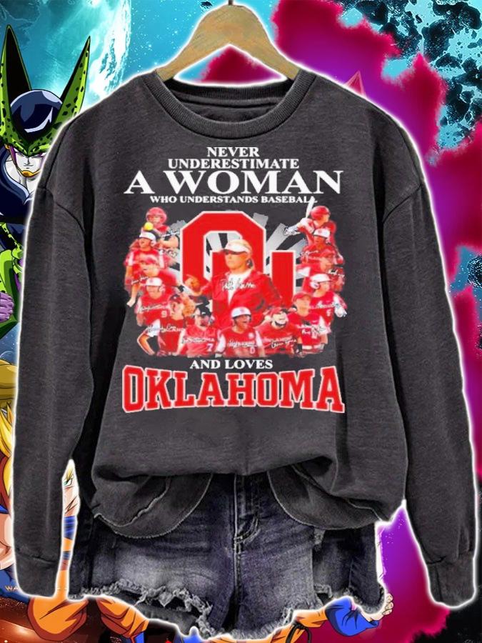 Never Underestimate A Woman Who Understands Baseball And Loves Oklahoma Sooners Signatures t-shirt sweatshirt