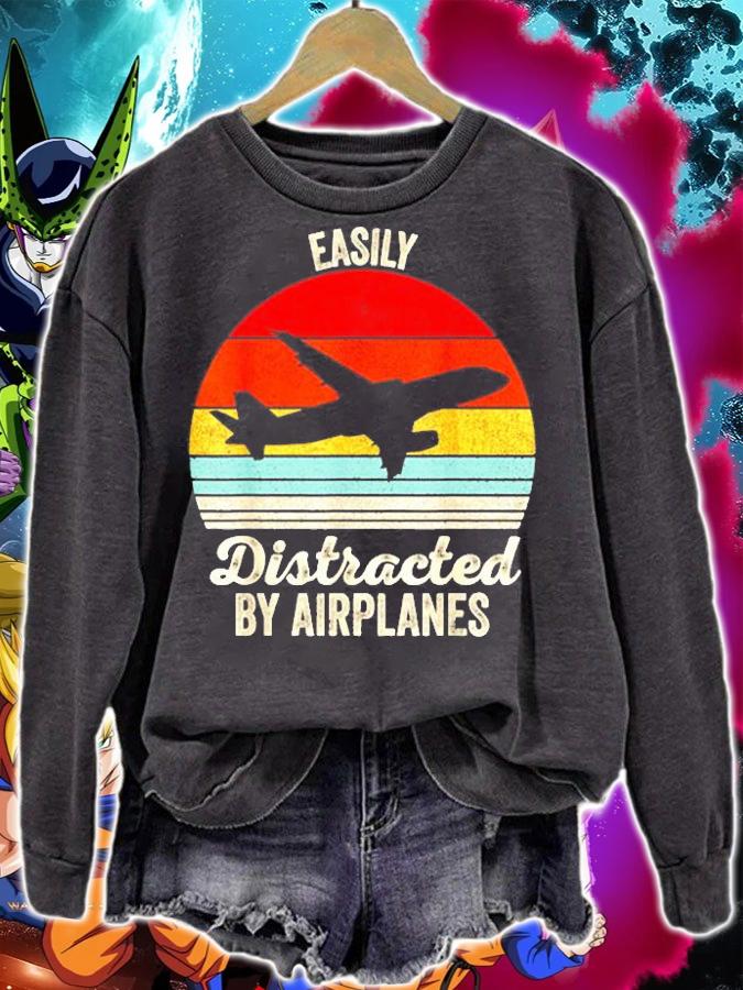 Vintage Retro Easily Distracted By Airplanes Pilot Gift T-Shirt t-shirt sweatshirt