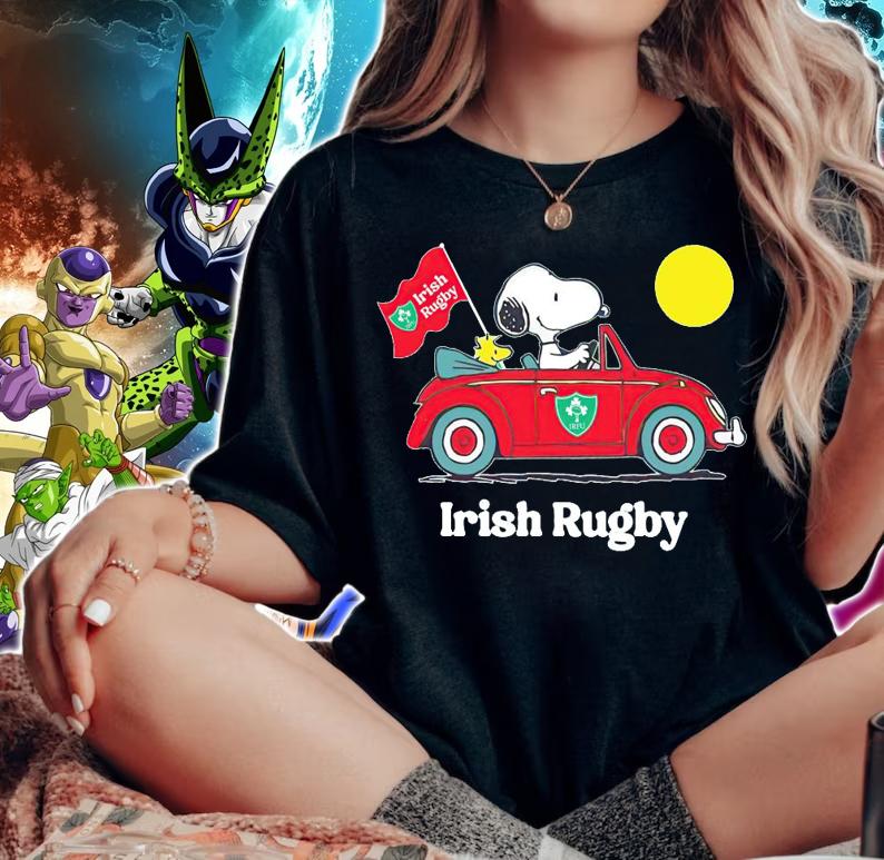Snoopy And Woodstock Driving Car Irish Rugby Flag t-shirt woman shirt
