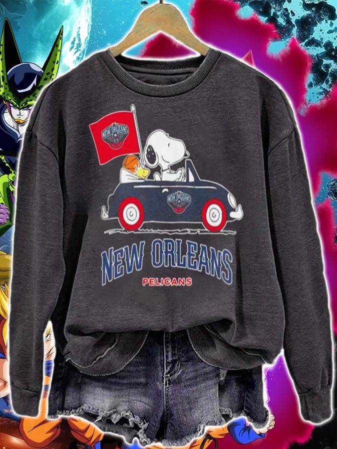 Snoopy And Woodstock Driving Car New Orleans Pelicans Flag t-shirt sweatshirt