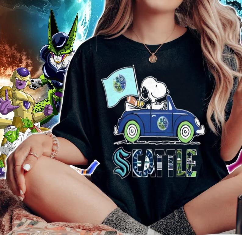 Snoopy And Woodstock Driving Car Seattle Sports Teams Flag t-shirt woman shirt