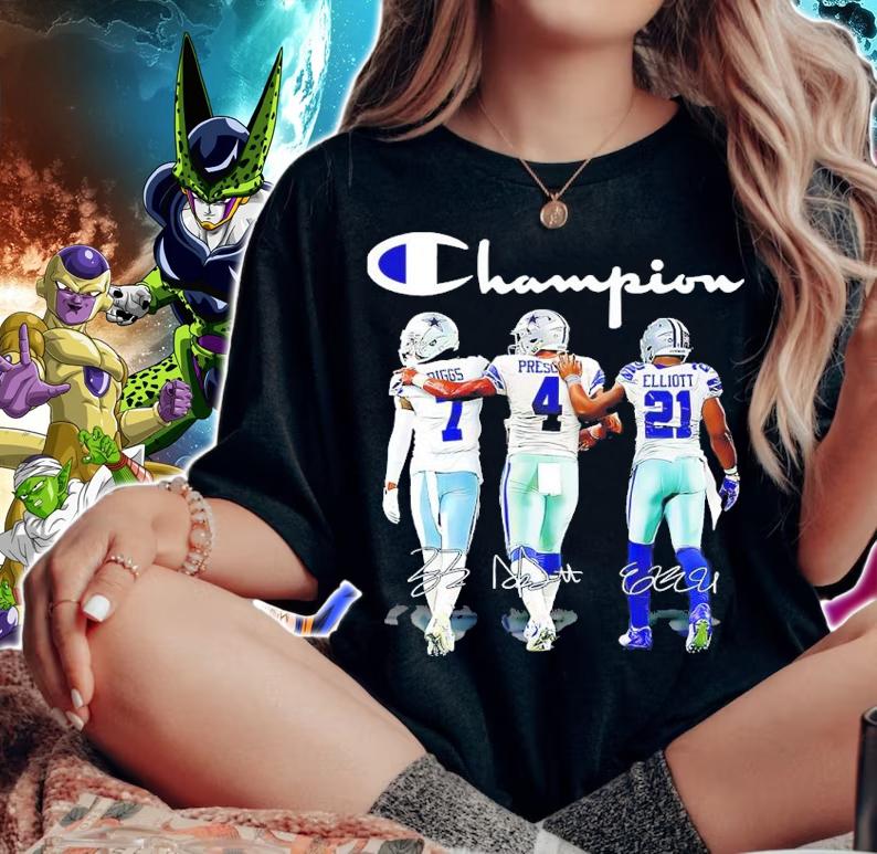 Dallas Cowboys Champions Trevon Diggs Vs Dak Prescott And Ezekiel Elijah Elliott Signatures Shirt woman shirt