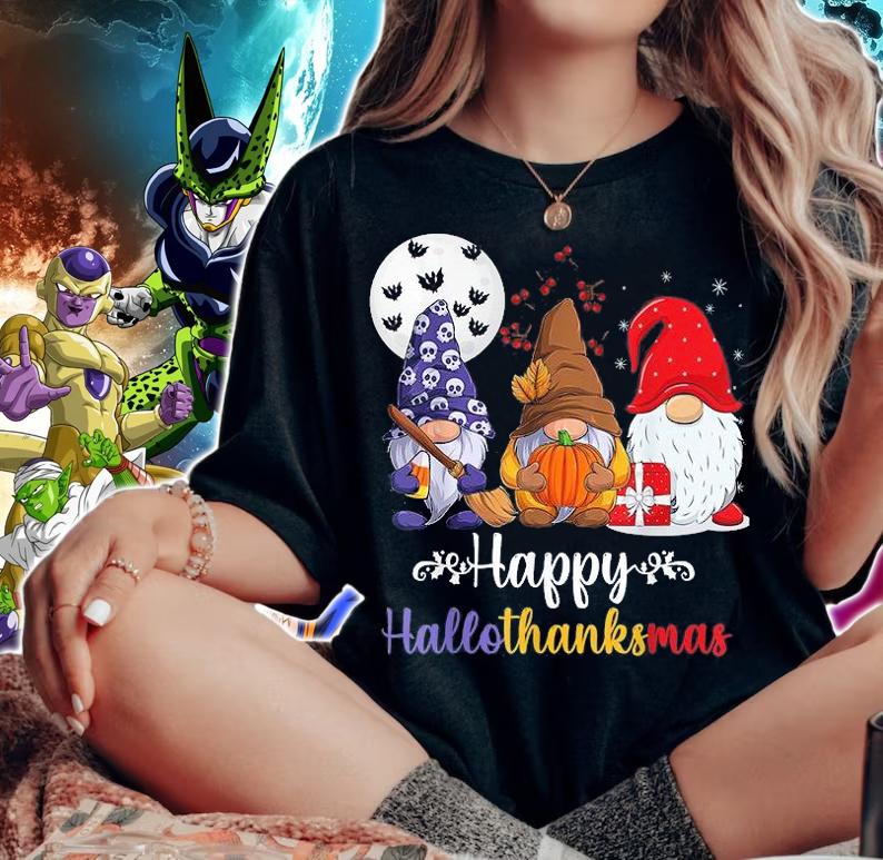 Halloween Thanksgiving Christmas Happy HalloThanksMas Gnomes T-Shirt woman shirt