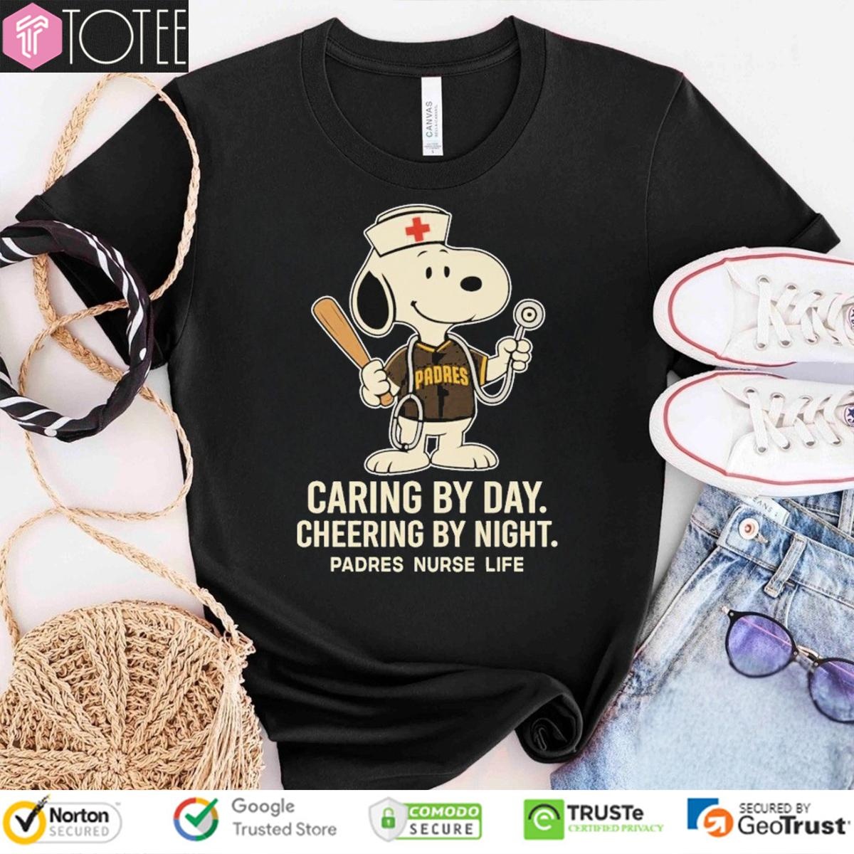 Caring By Day Cheering By Night San Diego Padres Snoopy Nurse Life T-shirt